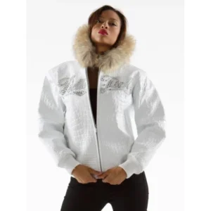 Pelle Pelle White Women Encrusted Jacket | Fur Hood Jacket