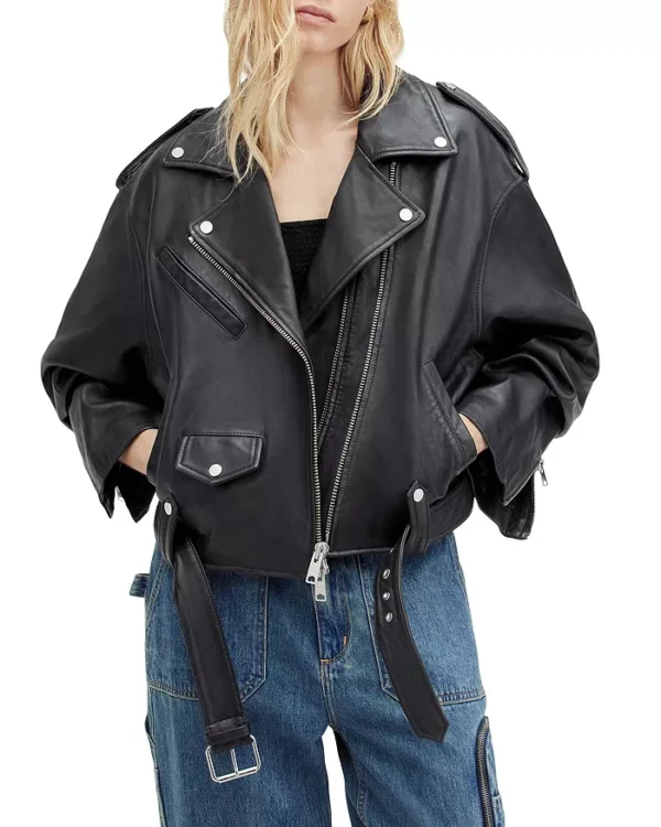 Black Biker Cropped Leather Jacket | Leather Jacket - Image 3
