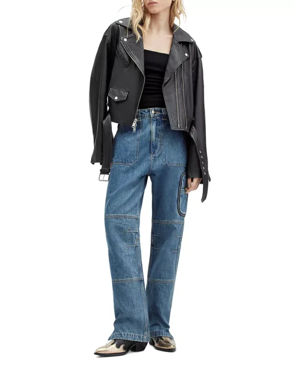Black Biker Cropped Leather Jacket | Leather Jacket - Image 2