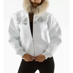 Pelle Pelle Women White Croc Leather Jacket | Fur Hood