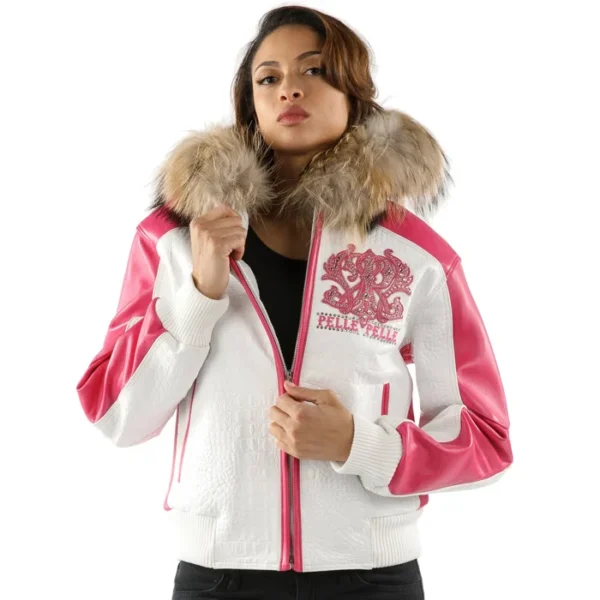 Pelle Pelle White Pink Women Leather Jacket | Fur Hood - Image 4